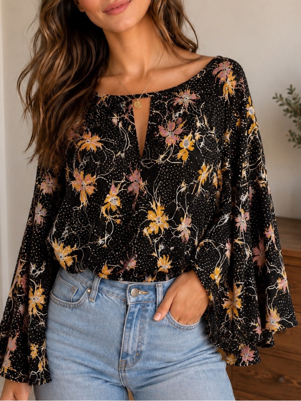 NWT Free People Black Floral Keyhole Peasant Blouse Size Small